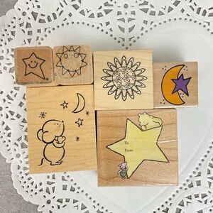 Vintage stars, sun moon cartoon mouse whimsical rubber stamps